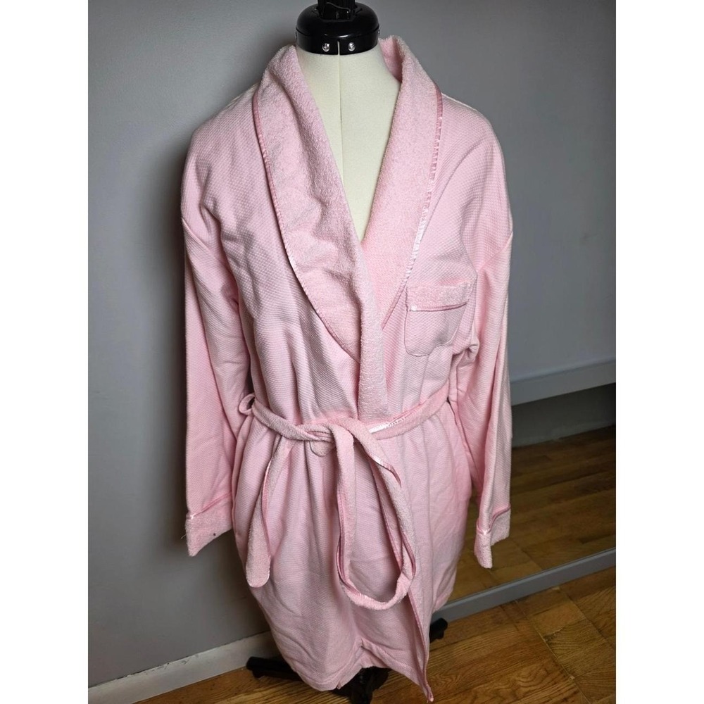 Classic Elements Pink Waffle Knit Robe Cotton Terry Trim Pockets Large 14-16